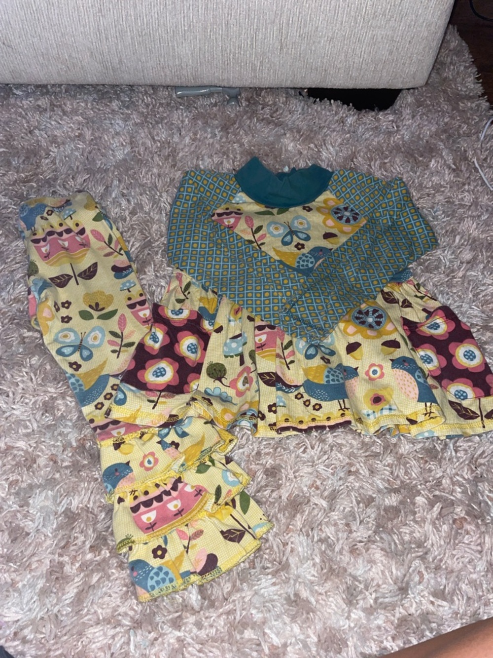 Kids Floral & Bird Print Long-Sleeve Set - Yellow & Teal